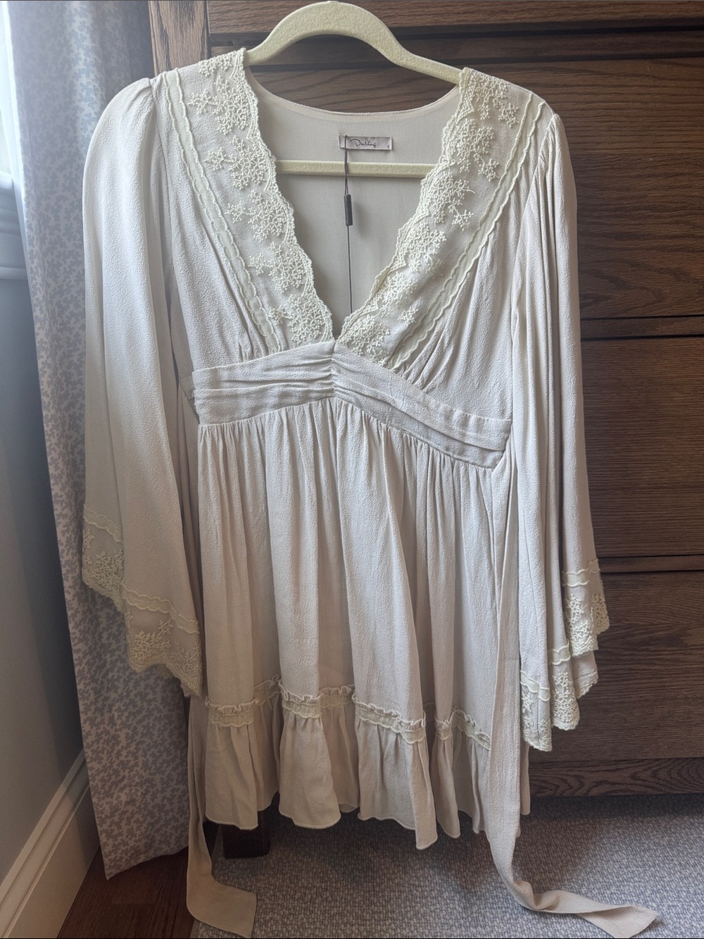 Darling Cream Long Sleeve Lace-Trim Boho Babydoll Dress